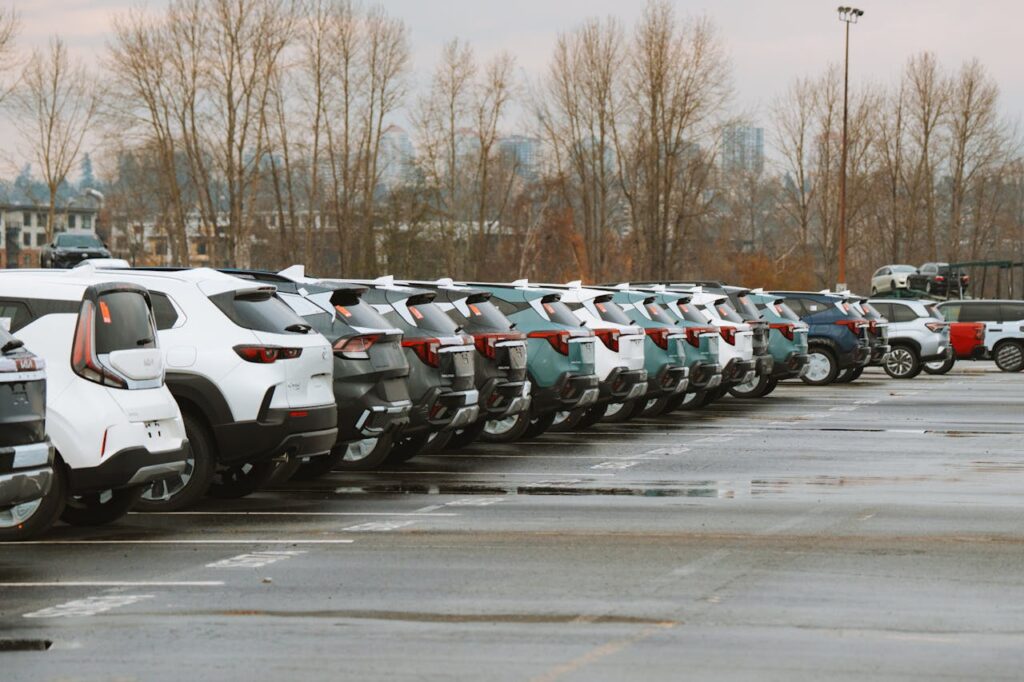 pexels photo 29566909 A line of parked cars in an outdoor urban parking lot on a cloudy day.